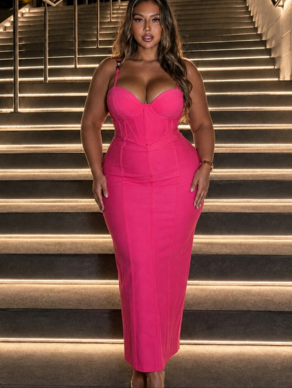 Fashion Nova Hot Pink Victoria Bandage  Corset Plus Midi Dress